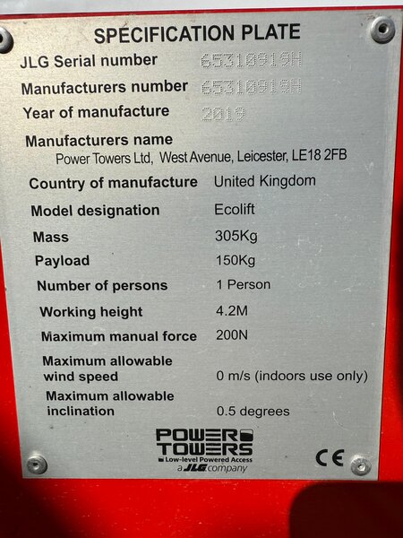 Nacela JLG Ecolift 4.2m 150kg sarcina 315kg total, ideala birouri mall-uri